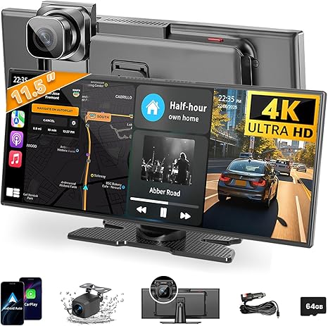 Largest 11.5 inch Wireless CarPlay Screen for Car, A-pple CarPlay & Android Auto HD Touchscreen with 4K Dash Cam/1080P Backup Camera/Navigation/Bluetooth/Voice Control/FM/Mirror Link,for All Vehicles