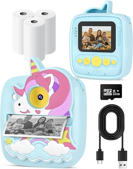 Instant Print Camera for Kids 3-12 Years, Thermal Print Kids Camera Toy is a Surprise Gift for Girls & Boys with 32G SD Card, 48 MP Photo, 1080P Video, 3 Rolls of Photo Paper