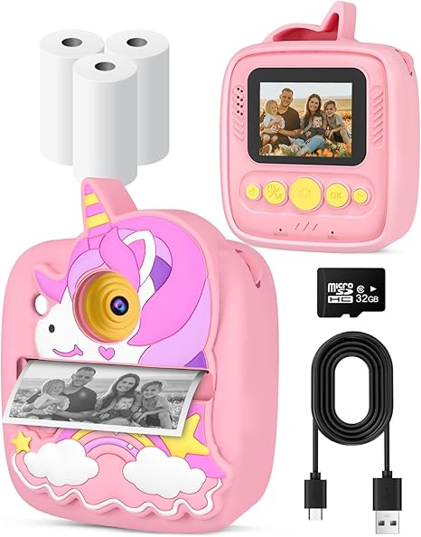 Instant Print Camera for Kids 3-12 Years, Thermal Print Kids Camera Toy is a Surprise Gift for Girls & Boys with 32G SD Card, 48 MP Photo, 1080P Video, 3 Rolls of Photo Paper
