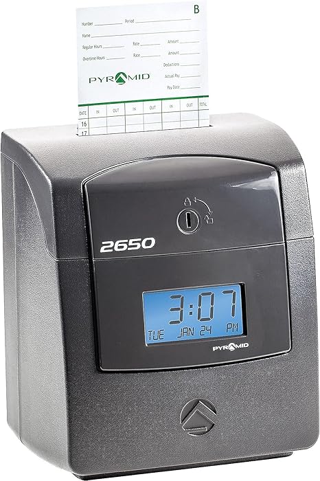 Pyramid Technologies 2650 Pro Auto Aligning Time Clock, Bundle Includes: 25 Time Cards, Ribbon and 2 Security Keys - Charcoal (5 "h x 7.25 "w x 8.5" d)