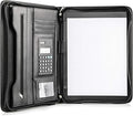 Black Superior Vegan Leather Business Portfolio with Zipper ? Padfolio All-in-One. Smartest Protective 10.1 Inch Tablet Sleeve, Presentation Slot, Solar Calculator, Card Storage, Writing Pad