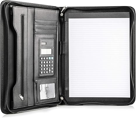 Black Superior Vegan Leather Business Portfolio with Zipper ? Padfolio All-in-One. Smartest Protective 10.1 Inch Tablet Sleeve, Presentation Slot, Solar Calculator, Card Storage, Writing Pad