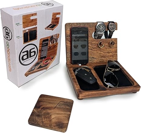 Handicrfafts Wooden Docking Station, Nightstand Organizer Wallet, Watch Stand Key Holder for Mom Gifts for DAD, Husband, Compatible with iPhone