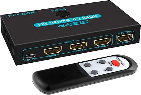 HDMI 2.0 Switch Splitter 3 Port 4K HDMI Switcher 3 in 1 Out HDMI Switches Selector Box with IR Remote IR Remote Control Support HDCP 2.2 Support 4K@60Hz Ultra HD 3D 2160P 1080P