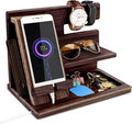 Gifts for Men Bedside Organiser Wood Phone Docking Station Dad Birthday Gifts for Him Nightstand Key Wallet Watch Stand