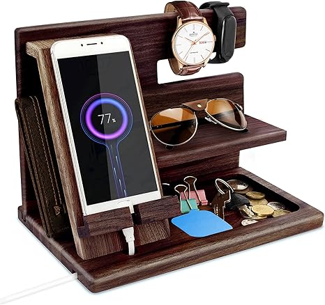 Gifts for Men Bedside Organiser Wood Phone Docking Station Dad Birthday Gifts for Him Nightstand Key Wallet Watch Stand