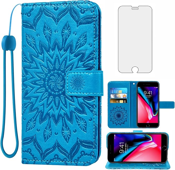 Phone Case for iPhone 7plus 8plus 7/8 Plus Wallet Cases with Tempered Glass Screen Protector Leather Flip Cover Card Holder Stand Cell Accessories