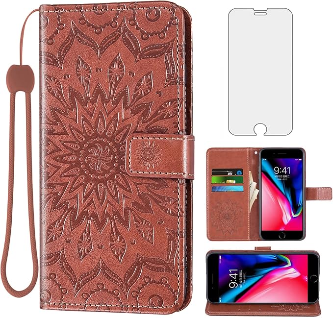 Phone Case for iPhone 7plus 8plus 7/8 Plus Wallet Cases with Tempered Glass Screen Protector Leather Flip Cover Card Holder Stand Cell Accessories