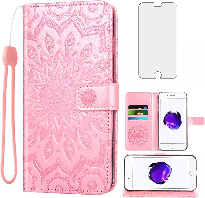 Phone Case for iPhone 7plus 8plus 7/8 Plus Wallet Cases with Tempered Glass Screen Protector Leather Flip Cover Card Holder Stand Cell Accessories