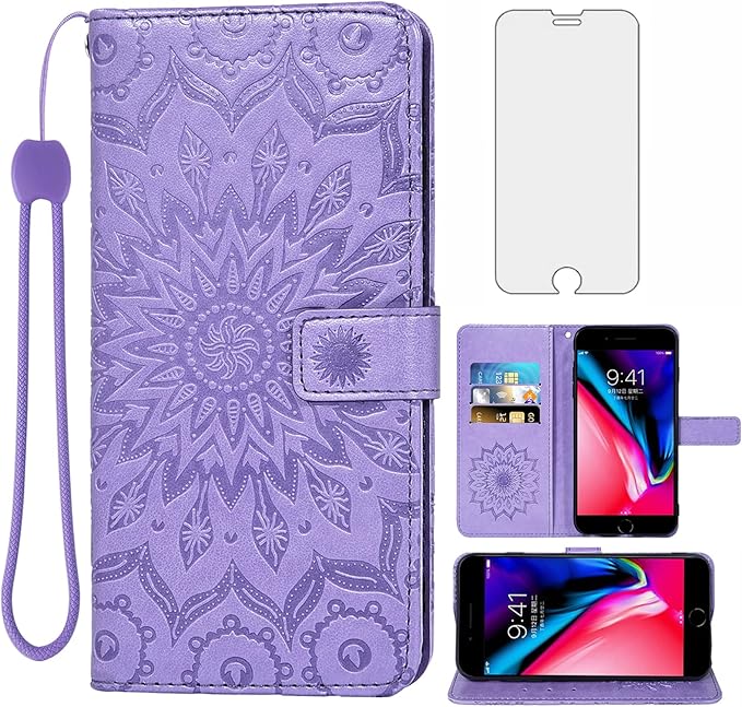 Phone Case for iPhone 7plus 8plus 7/8 Plus Wallet Cases with Tempered Glass Screen Protector Leather Flip Cover Card Holder Stand Cell Accessories