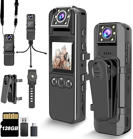 Body Camera with Audio and Video Recording, HD 1080P Body Cam with 180ø Rotating Lens, 6HR Battery, IR Cut Auto Night Vision, 128GB Body Worn Camcorder, for Personal Civilians, Police Law Enforcement