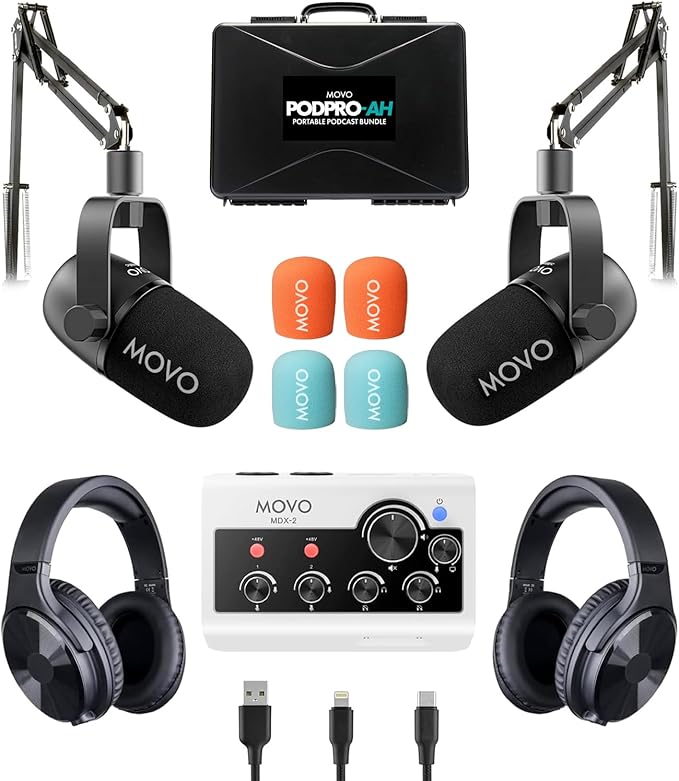 Portable Podcast Equipment Bundle for iPhone/Android Phones- Podcast Kit with Audio Interface, 2 CastMic Dynamic Mics, 2 Table Stands - For Smartphones, Computers, PC, Mac - Lightning, USB, USB-C