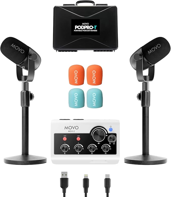 Portable Podcast Equipment Bundle for iPhone/Android Phones- Podcast Kit with Audio Interface, 2 CastMic Dynamic Mics, 2 Table Stands - For Smartphones, Computers, PC, Mac - Lightning, USB, USB-C