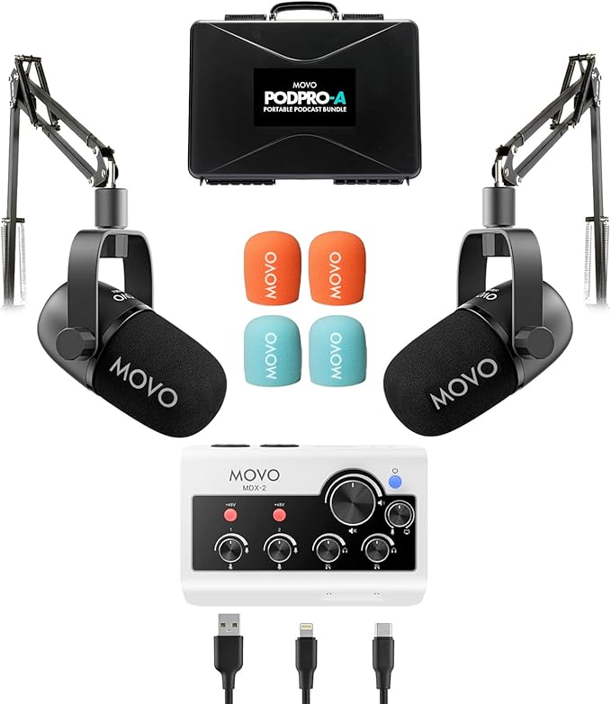 Portable Podcast Equipment Bundle for iPhone/Android Phones- Podcast Kit with Audio Interface, 2 CastMic Dynamic Mics, 2 Table Stands - For Smartphones, Computers, PC, Mac - Lightning, USB, USB-C