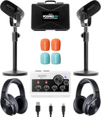 Portable Podcast Equipment Bundle for iPhone/Android Phones- Podcast Kit with Audio Interface, 2 CastMic Dynamic Mics, 2 Table Stands - For Smartphones, Computers, PC, Mac - Lightning, USB, USB-C
