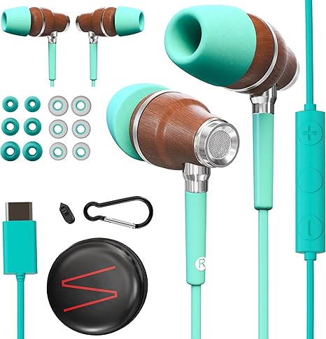 Premium Wooden iPhone Earphones Wired (USB C) Deep Bass Sound, 3D Sound, Microphone Volume Control, 90% Noise Cancelling for Type C Devices. Earphones for iPhone 15 to 17 & Android