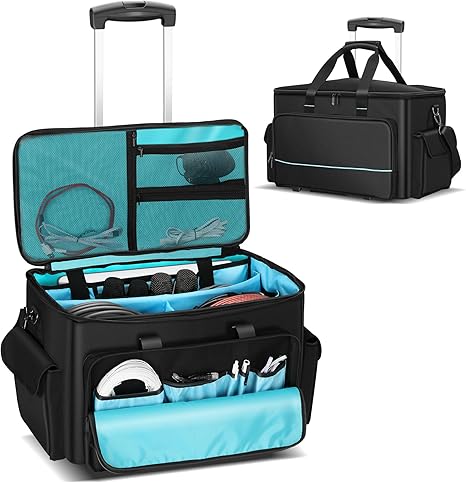 DJ Cable Bag, Rolling DJ Cable Bag with Detachable Trolley & Dividers, Large Capacity Gig Bag with Laptop Compartment, Professional Organizer Bag for Cables, Microphones, and DJ Equipment
