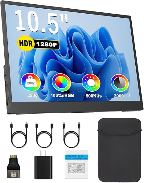 Portable Monitor 10.5'' 1920x1280 Second External Monitor for Laptop 3:2,100?sRGB,w/45ø Adjustable Stand,HDMI USB-C Computer Display for Laptop PC Phone Mac