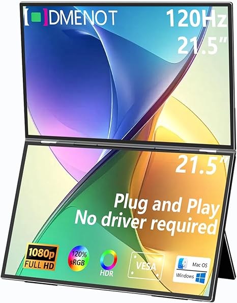 21.5" 120Hz Dual Portable Monitor 120% sRGB 1080P HDR Extender Folding Stacked Display for Windows Work Gaming Office Triple Screens W/Stand & VESA for Laptop PC?No Driver