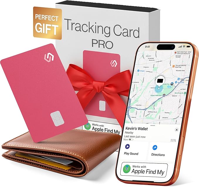 Credit Card Wallet Tracker PRO Pink (iOS Only) 0.07in Works with Apple Find My Rechargeable Tracking Card for Women IP68 Slim Item Finder
