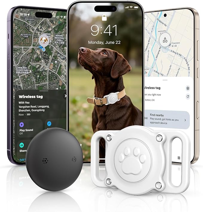 GPS Dog Tracker Collar (iOS & Android), Bluetooth Dog Tracker GPS, Smart Pet Activity Trackers, No Monthly Fee, Work with Apple Find My & Google Find Hub, Finder Tag for Pets,Items