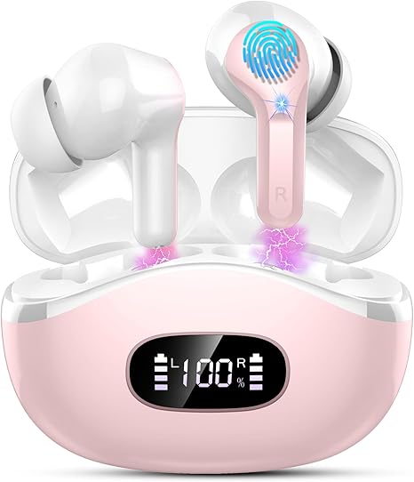 Wireless Earbuds, 2026 Bluetooth 5.4 Headphones NEW Ear Buds 40H 6D Bass Stereo in-Ear Earphones ENC Noise Cancelling Earbuds with 4 Mic, USB-C LED Display IP7 Waterproof Sport Headset for Android iOS