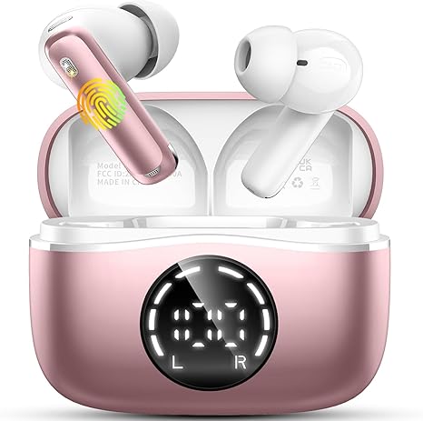 Wireless Earbuds, 2026 Bluetooth 5.4 Headphones NEW Ear Buds 40H 6D Bass Stereo in-Ear Earphones ENC Noise Cancelling Earbuds with 4 Mic, USB-C LED Display IP7 Waterproof Sport Headset for Android iOS