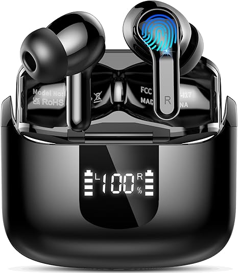 Wireless Earbuds, 2026 Bluetooth 5.4 Headphones NEW Ear Buds 40H 6D Bass Stereo in-Ear Earphones ENC Noise Cancelling Earbuds with 4 Mic, USB-C LED Display IP7 Waterproof Sport Headset for Android iOS