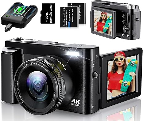 4K Digital Camera for Photography, UHD Autofocus 48MP 180ø Flip Screen 16X Zoom Compact Point Shoot Vlogging Camera for YouTube with 2 Batteries, 32GB Card