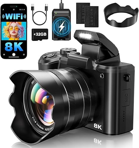 Digital Cameras for Photography Autofocus 88MP WiFi Professional 16X Digital Zoom Photography Camera with Dual-Lens for YouTube with Lens Hood, Touch Screen, 2 Batteries & Charging Stand