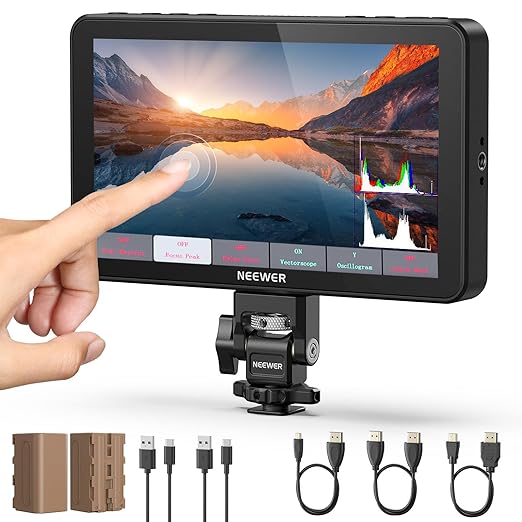 7" Camera Field Monitor, 2000nit HD 1920x1080 IPS Touch Screen with 3D LUT, 4K HDMI Loop in/Out with Peak Focus DSLR Video Assist HDR Waveform, Cold Shoe Mount, 2 NP-F750 Batteries & Cable