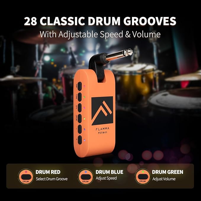 Bass Headphone Amp Portable Modeling Headphone Amplifier with 28 Drum Grooves 7 Amp Models Built-in Effects 5 Tone Color Support Bluetooth USB Audio Recording&Playback OTG Function Rechargeable