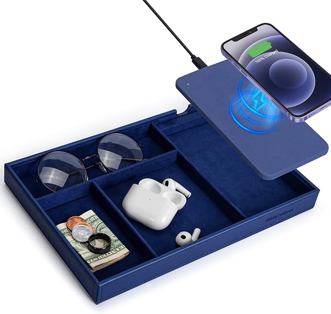 Valet Tray, Built in Wireless Charging Pad, Nightstand Organizer, Dresser Organizer, Mens Jewelry Box, Valet Charging Station, Faux Leather Valet Tray for Men and Women