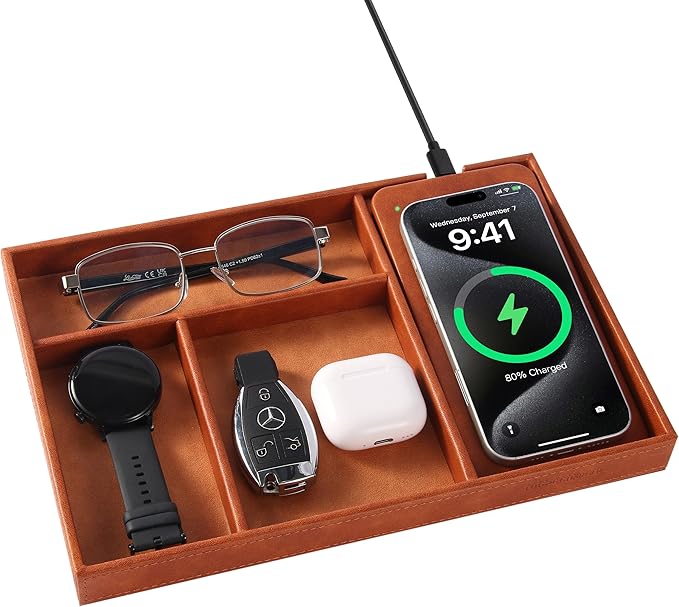 Valet Tray, Built in Wireless Charging Pad, Nightstand Organizer, Dresser Organizer, Mens Jewelry Box, Valet Charging Station, Faux Leather Valet Tray for Men and Women