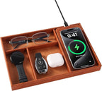 Valet Tray, Built in Wireless Charging Pad, Nightstand Organizer, Dresser Organizer, Mens Jewelry Box, Valet Charging Station, Faux Leather Valet Tray for Men and Women