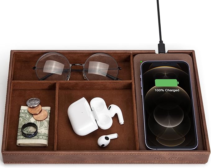 Valet Tray, Built in Wireless Charging Pad, Nightstand Organizer, Dresser Organizer, Mens Jewelry Box, Valet Charging Station, Faux Leather Valet Tray for Men and Women