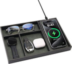 Valet Tray, Built in Wireless Charging Pad, Nightstand Organizer, Dresser Organizer, Mens Jewelry Box, Valet Charging Station, Faux Leather Valet Tray for Men and Women