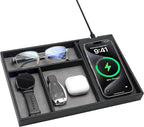 Valet Tray, Built in Wireless Charging Pad, Nightstand Organizer, Dresser Organizer, Mens Jewelry Box, Valet Charging Station, Faux Leather Valet Tray for Men and Women