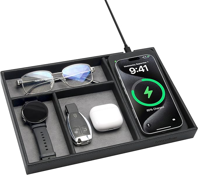 Valet Tray, Built in Wireless Charging Pad, Nightstand Organizer, Dresser Organizer, Mens Jewelry Box, Valet Charging Station, Faux Leather Valet Tray for Men and Women