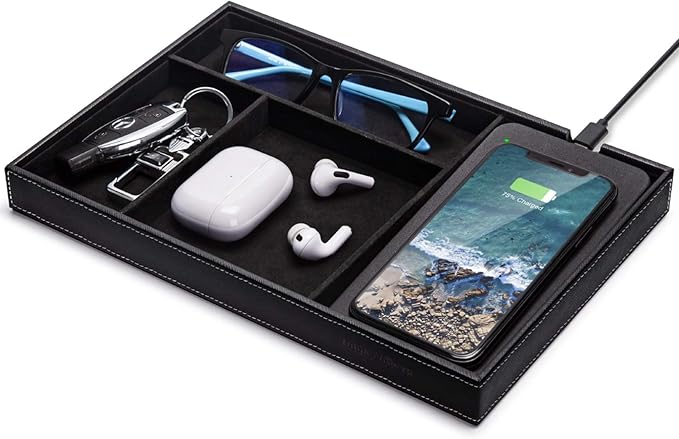 Valet Tray, Built in Wireless Charging Pad, Nightstand Organizer, Dresser Organizer, Mens Jewelry Box, Valet Charging Station, Faux Leather Valet Tray for Men and Women