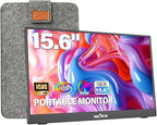 Portable Monitor 15.6" 1080P for Laptop with Protective Sleeve, Built-in 90ø Adjustable Stand USB C HDMI Ultra-Slim Portable Laptop Monitor for MacBook Phone PS Xbox Switch