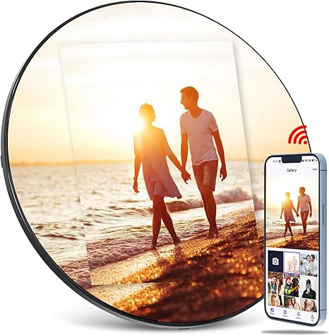 Digital Mirror Picture Frame, Touch Screen Smart WiFi Round Photo Frame Electronic, 32GB Storage, Share Photos and Video with App, Circle Vanity Mirror for Desk, Wall, Room D‚cor