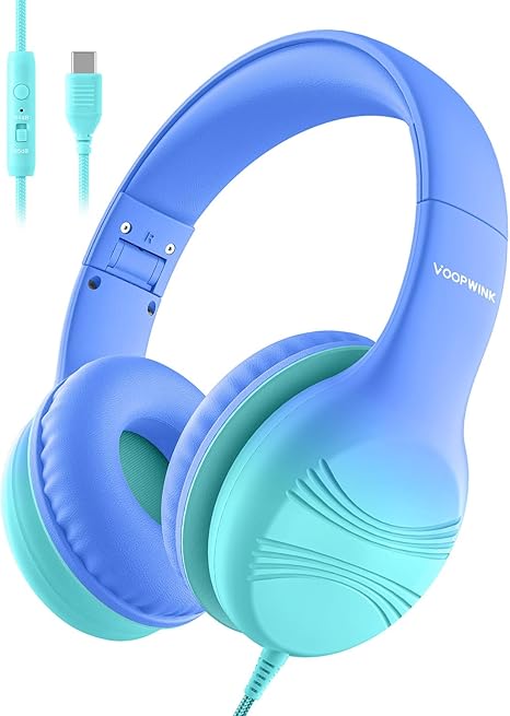 USB Type C Kids Headphones, Wired Headphones for Kids with Microphone 85/94dB Volume Limit, Stereo Sound Portable Over Ear Headphones for School/Travel/Tablet/iPad