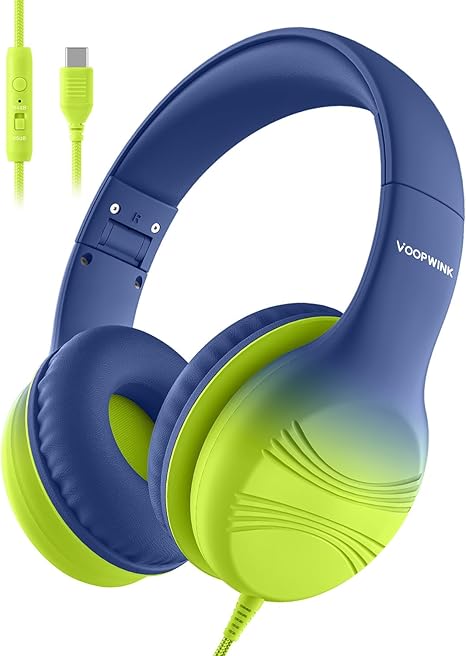 USB Type C Kids Headphones, Wired Headphones for Kids with Microphone 85/94dB Volume Limit, Stereo Sound Portable Over Ear Headphones for School/Travel/Tablet/iPad