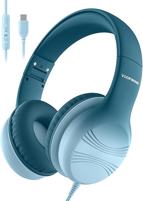 USB Type C Kids Headphones, Wired Headphones for Kids with Microphone 85/94dB Volume Limit, Stereo Sound Portable Over Ear Headphones for School/Travel/Tablet/iPad