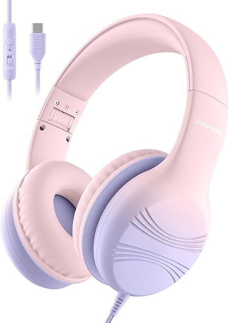 USB Type C Kids Headphones, Wired Headphones for Kids with Microphone 85/94dB Volume Limit, Stereo Sound Portable Over Ear Headphones for School/Travel/Tablet/iPad