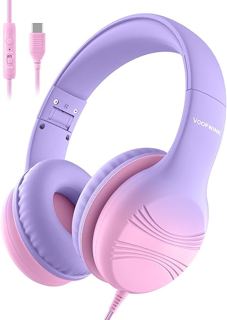 USB Type C Kids Headphones, Wired Headphones for Kids with Microphone 85/94dB Volume Limit, Stereo Sound Portable Over Ear Headphones for School/Travel/Tablet/iPad