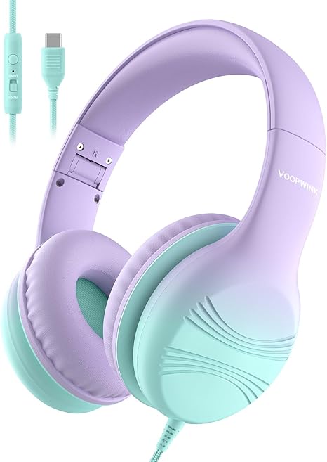 USB Type C Kids Headphones, Wired Headphones for Kids with Microphone 85/94dB Volume Limit, Stereo Sound Portable Over Ear Headphones for School/Travel/Tablet/iPad