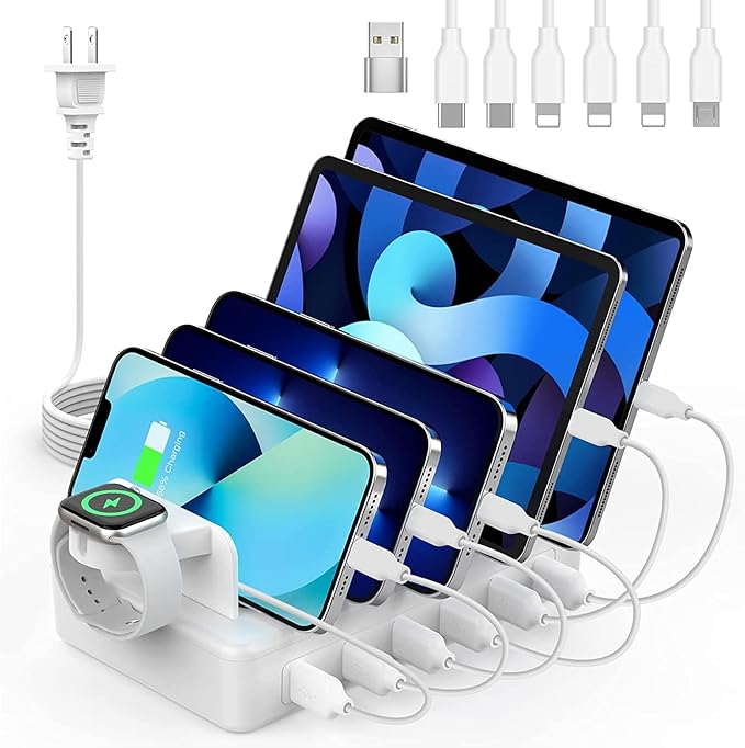 Charging Station for Multiple Devices, 50W 6 Ports Charging Dock with 6 Cables Compatible with Cellphone,Tablet, Kindle, Apple Watch and Other Electronic