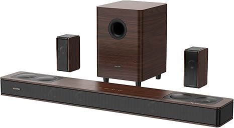 Wooden 5.1.2 Virtual Surround Sound System, 4 Surround Speakers Wired, 400W Peak Power, Sound Bars for Smart TV w/Subwoofer, 5.25'' Deep Bass, Home Theater TV System, ARC/OPT/BT/AUX, HiPulse N512
